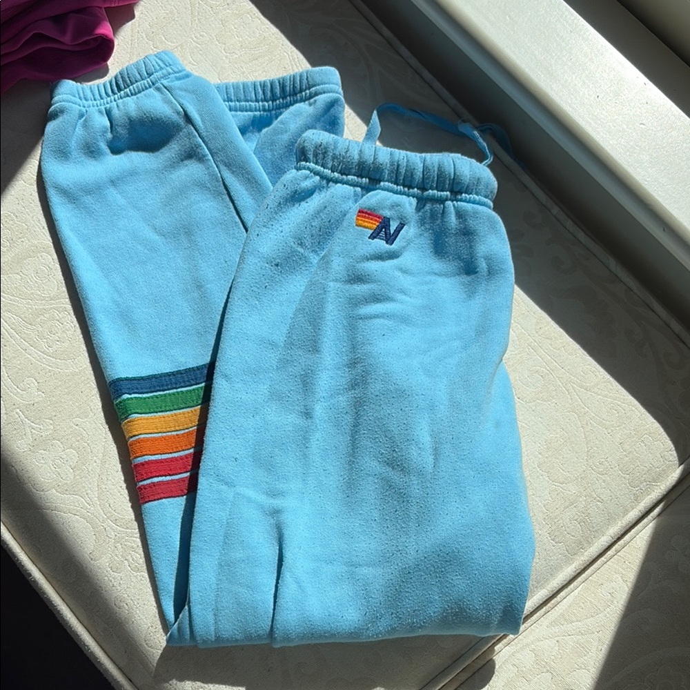 Aviator Nation Blue Sweatpants with Rainbow Stripe